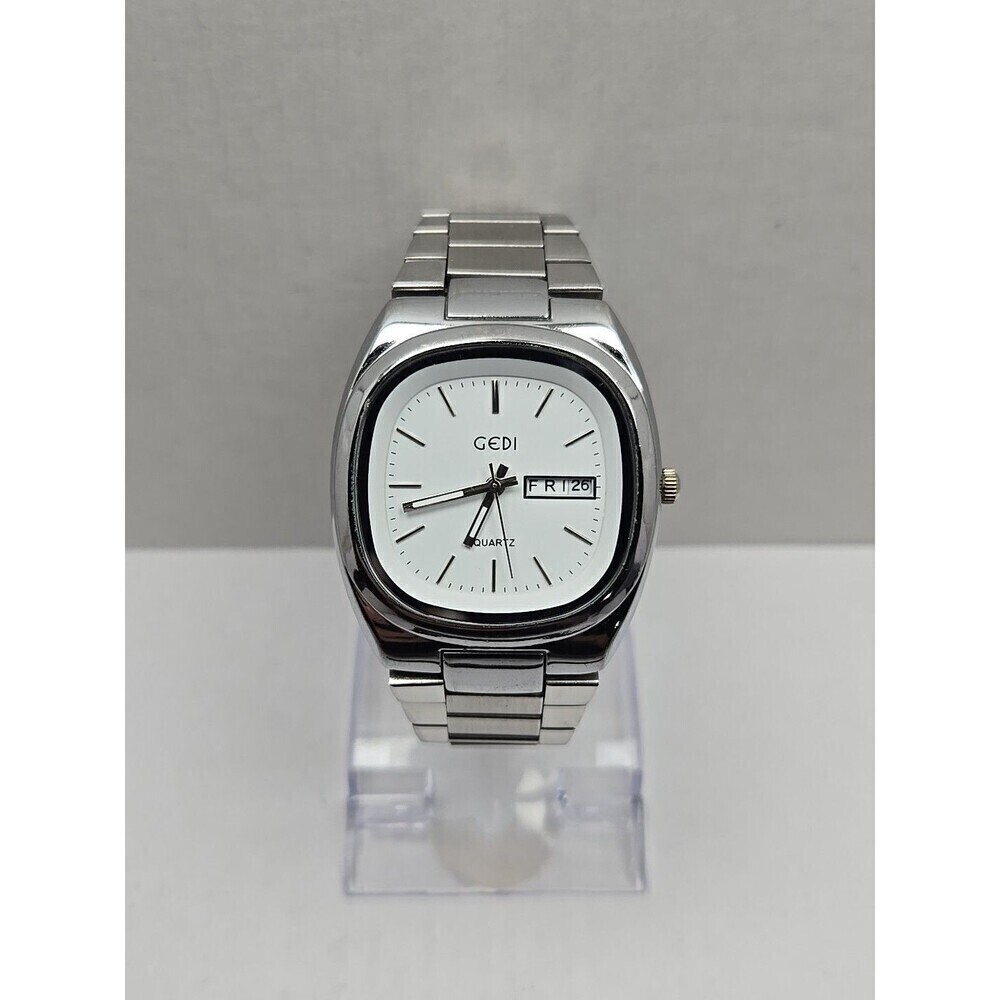 Gedi Quartz Day Date Silver Tone Cushion Case White Dial Women Watch New Battery